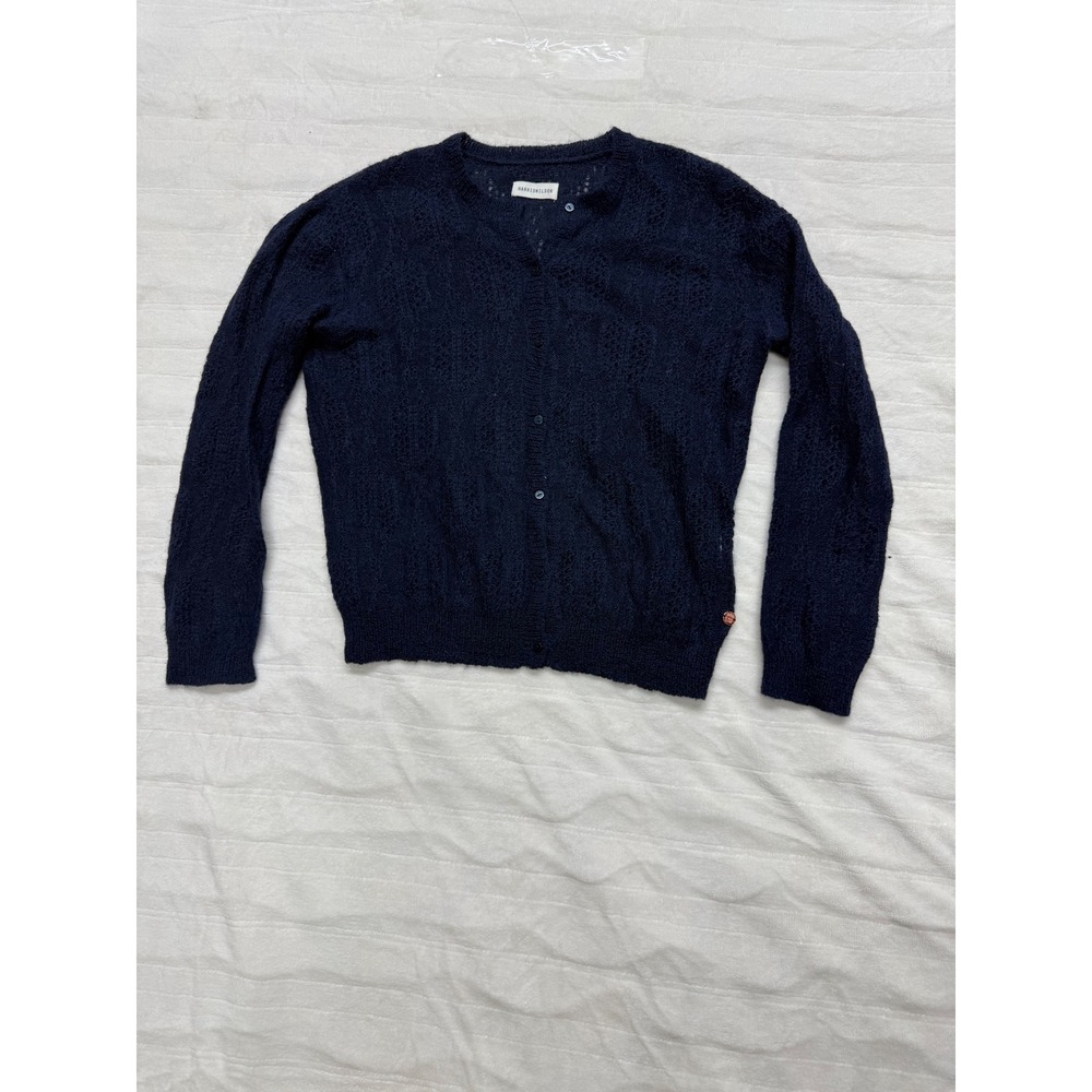 HARRIS WILSON Navy Blue Fuzzy‎ Knit Button Up Cardigan Sweater Women